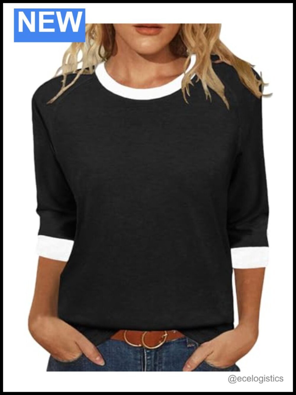 Casual 3/4 Sleeve Tunic Blouse Crew Neck Color Block Loose Fit Summer Tee
